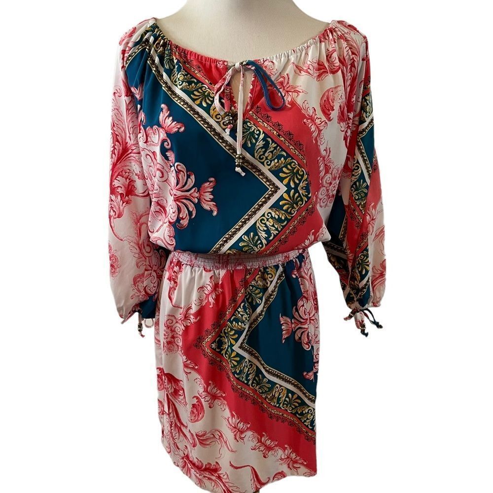 Cache Pink Blue Floral Geo Print Split Sleeves Dress Size XS